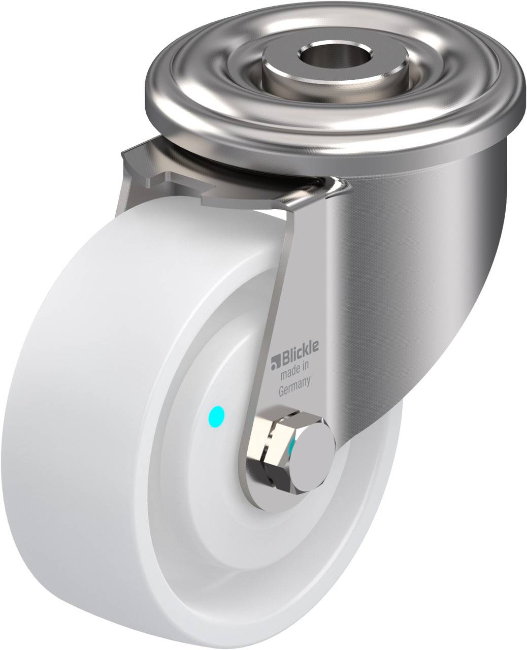 Ein silbernes Edelstahl-Lenkrolle mit weißem Rad und Halterung, hergestellt von Blickle, geeignet für industrielle Anwendungen.