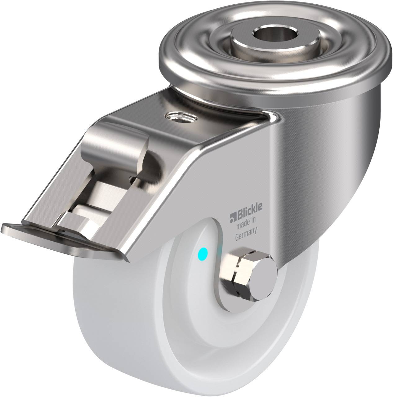 Metallrolle mit weißem Rad, glänzendem Gehäuse und runder Halterung. Markierung 'Blickle made in Germany' sichtbar.
