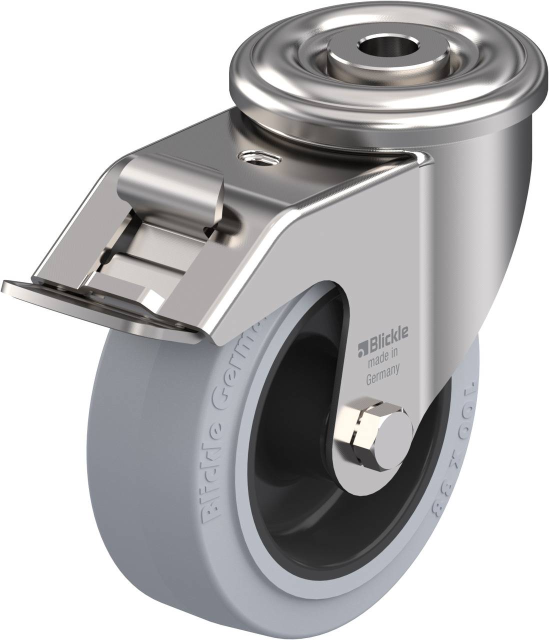 Schwenkrolle mit feststellbarer Bremse und grauem Rad, hergestellt in Deutschland von Blickle.