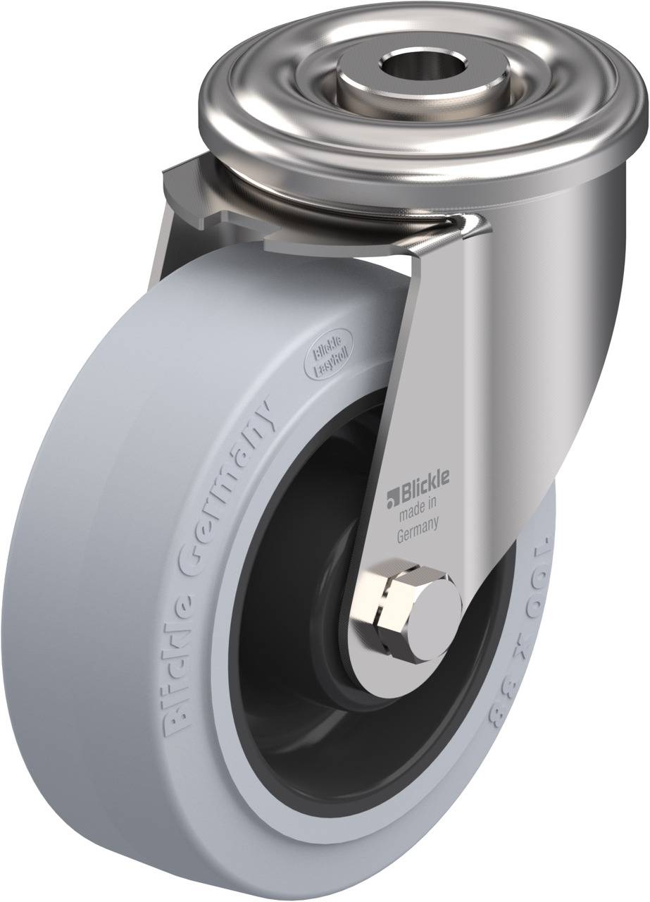 Schwenkrolle mit grauem Rad und silbernem Gehäuse. Aufschrift: BLICKLE Germany.