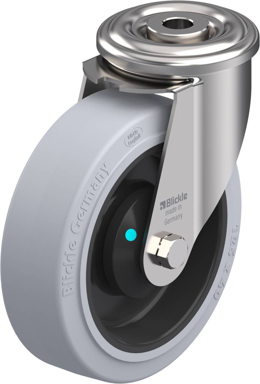 Grau-blaues Lenkrollrad mit metallener Halterung, hergestellt in Deutschland. Geeignet für den Einsatz in industriellen Anwendungen.