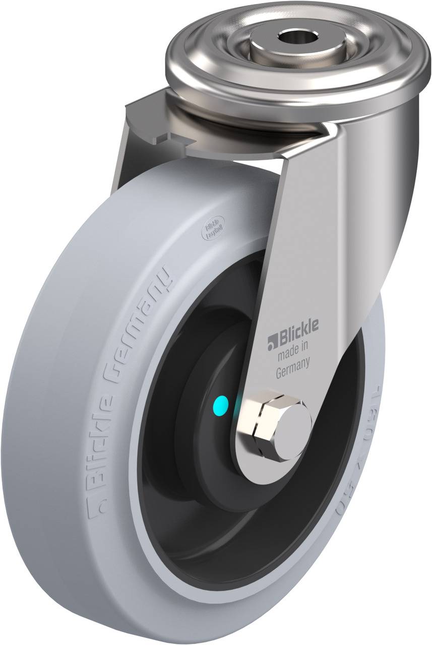 Industrieberäder mit Edelstahlgehäuse von Blickle, seitlich dargestellt. Raddurchmesser betont. Aufschrift: 'Blickle, made in Germany'.