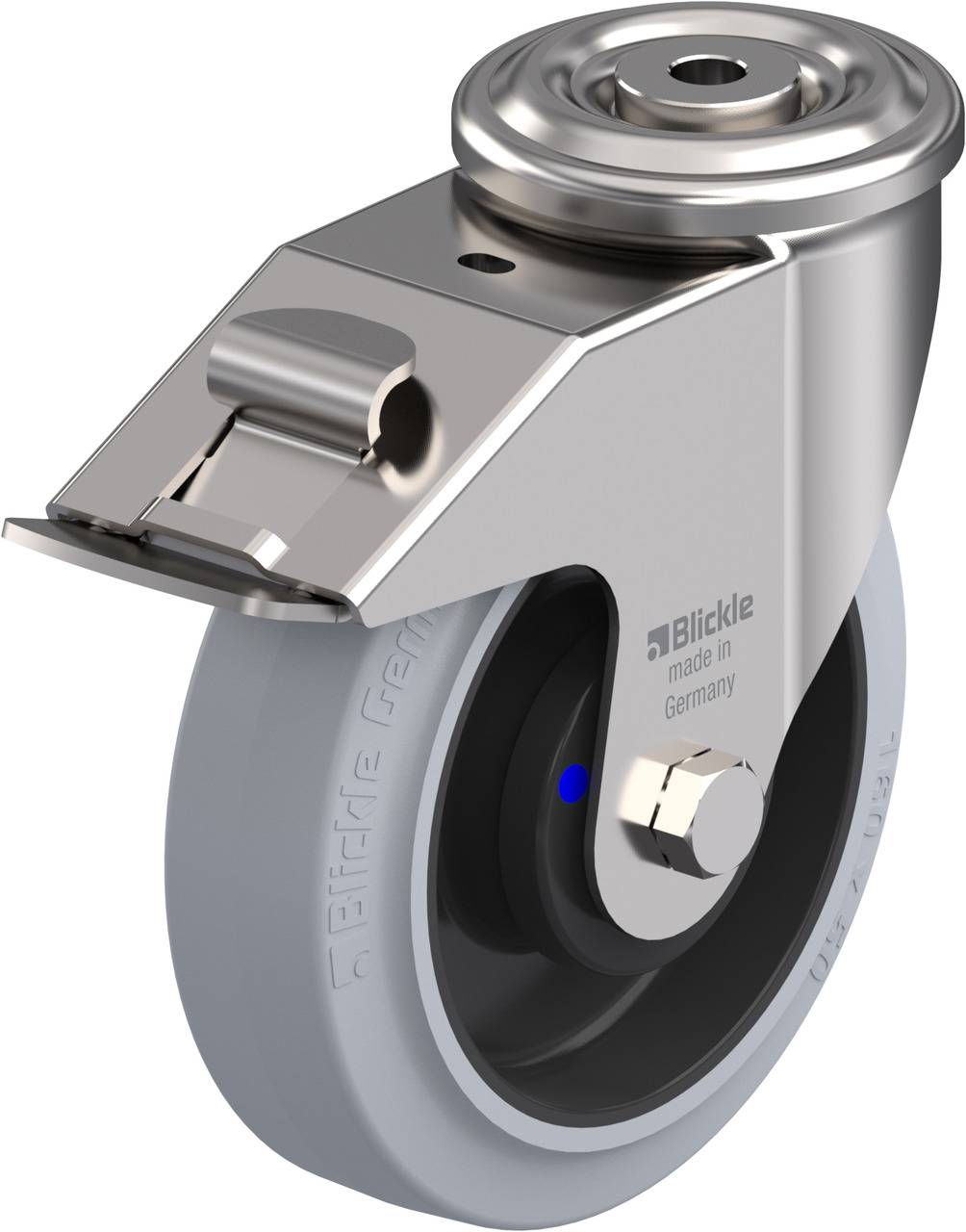 Industrie-Lenkrolle aus Metall mit grauem Gummirad. Markierung 'Blickle made in Germany' sichtbar am Rad.