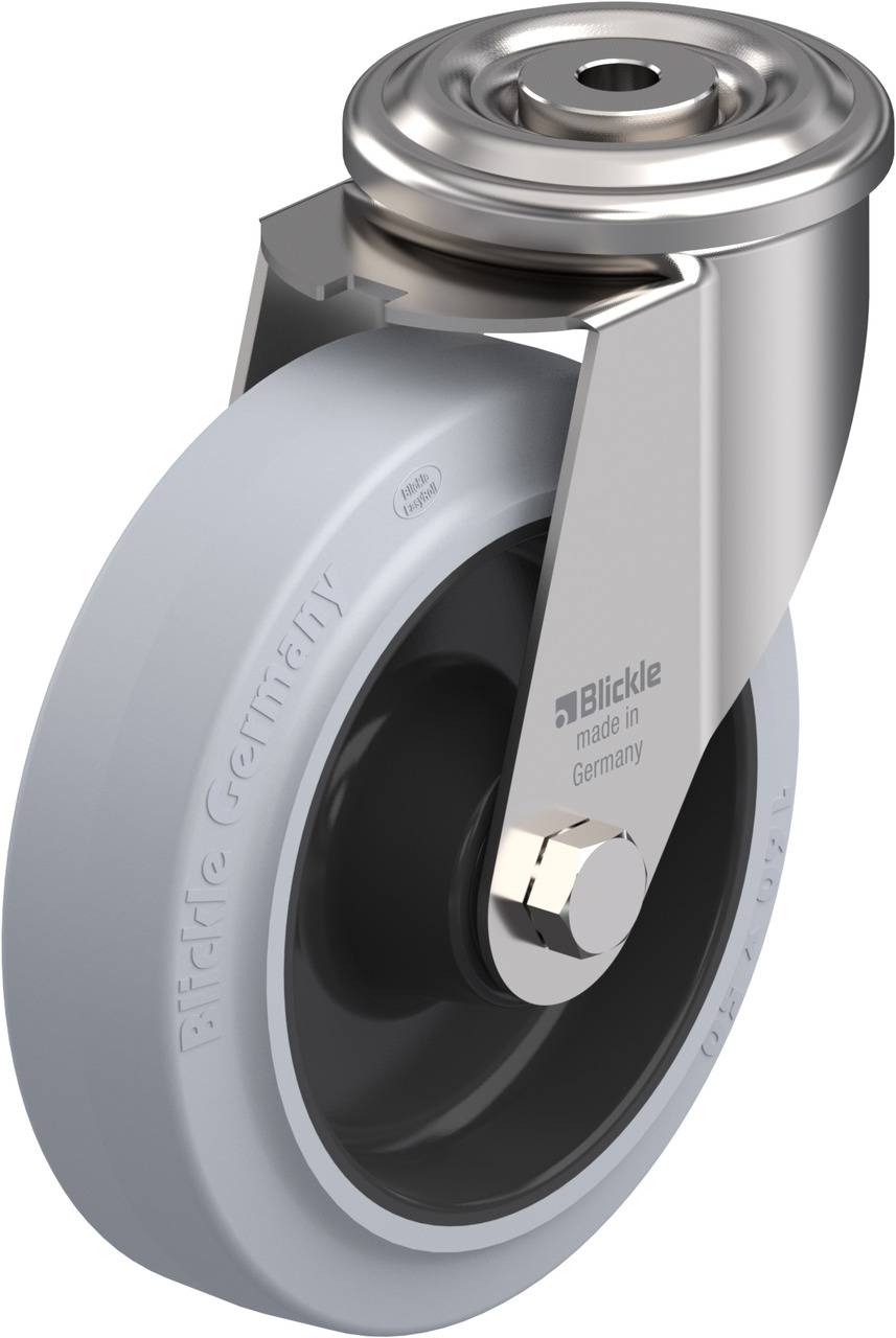 Industrie-Rolle mit grauem Polyurethan-Rad und silbernem Metallgehäuse; Aufschrift 'Blickle made in Germany' sichtbar am Gehäuse.