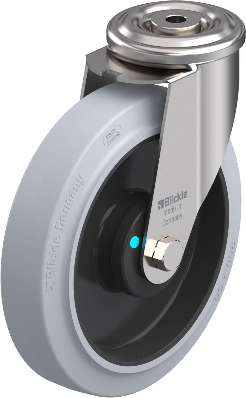 Industrie-Rad aus Metall und Gummi, markiert mit 'Blickle made in Germany', gezeigt in seitlicher Ansicht.