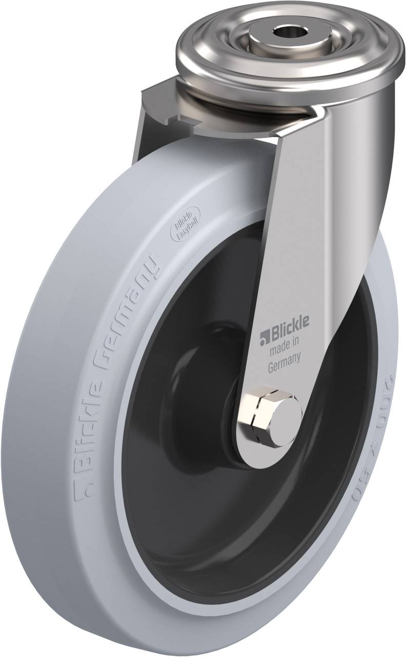 Rolle mit grauem Gummireifen und silbernem Gehäuse, geeignet für schwere Lasten, Markenname 'Blickle' auf dem Reifen erkennbar.