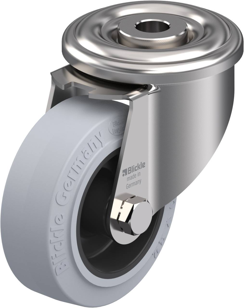 Ein hellgraues Industrieleichtlaufrollenrad mit silberner Halterung, geeignet für die Verwendung an Transportwagen. Markiert mit 'Blickle made in Germany'.