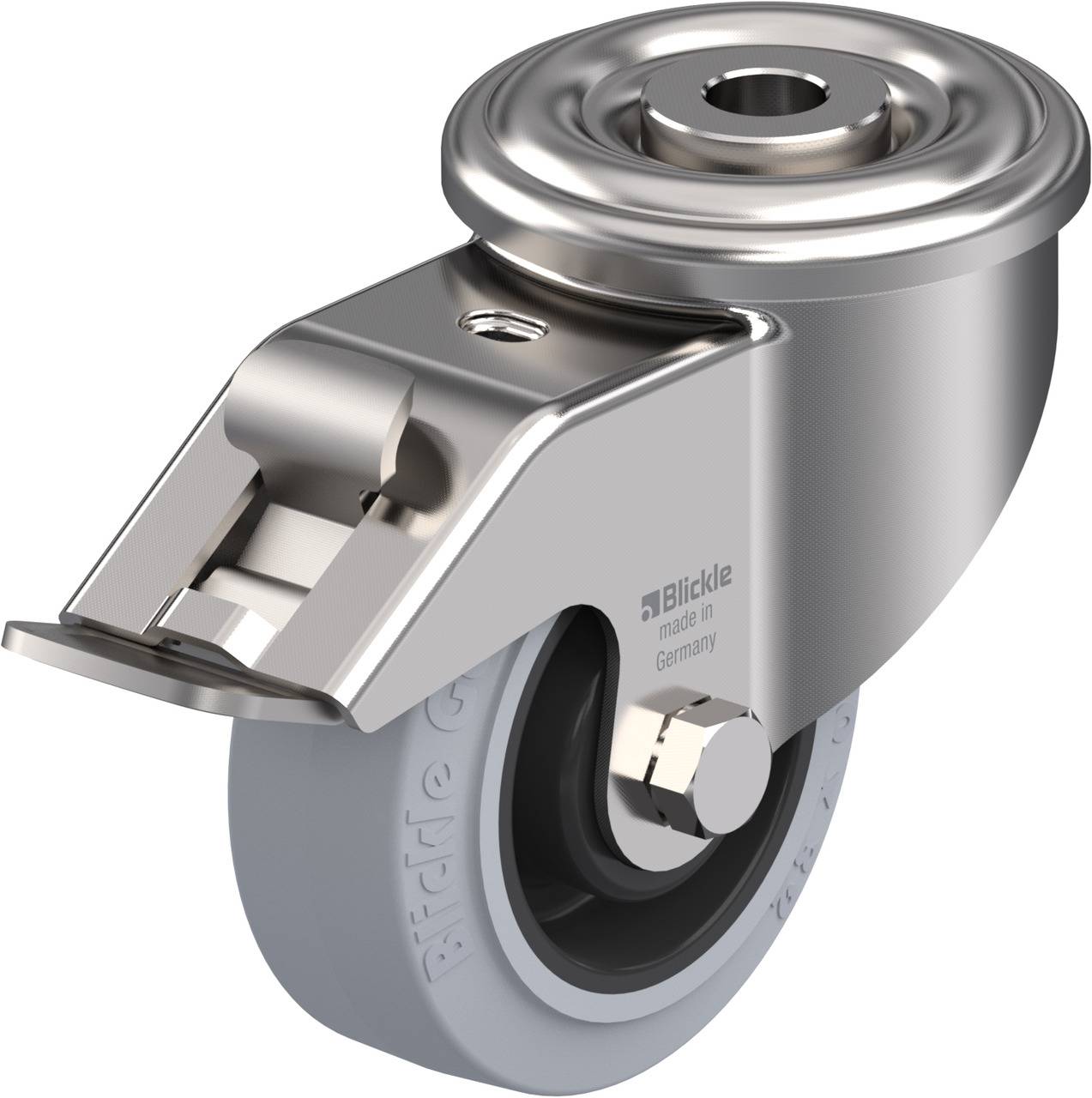 Metallenes Schwerlast-Lenkrolle mit Bremse, glänzend, robuste Bauweise. Verwenden in Industrieanwendungen für flexible Bewegung.