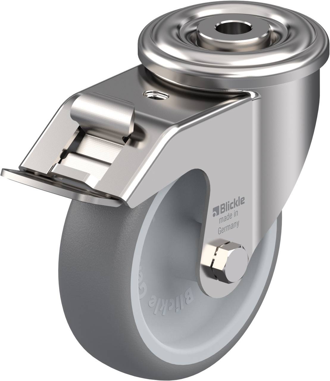 Eine hochwertige graue Lenkrolle mit einem robusten Metallgehäuse, geeignet für industrielle Anwendungen, hergestellt in Deutschland.