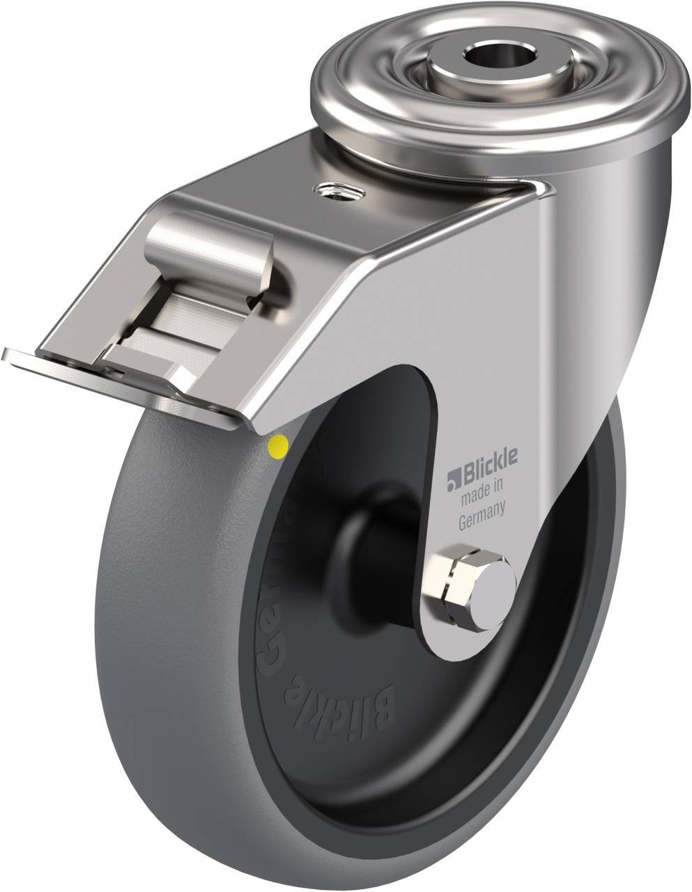 Metallisches Laufrollenrad mit grauem Gummireifen, Befestigungsschraube und Markenlogo.