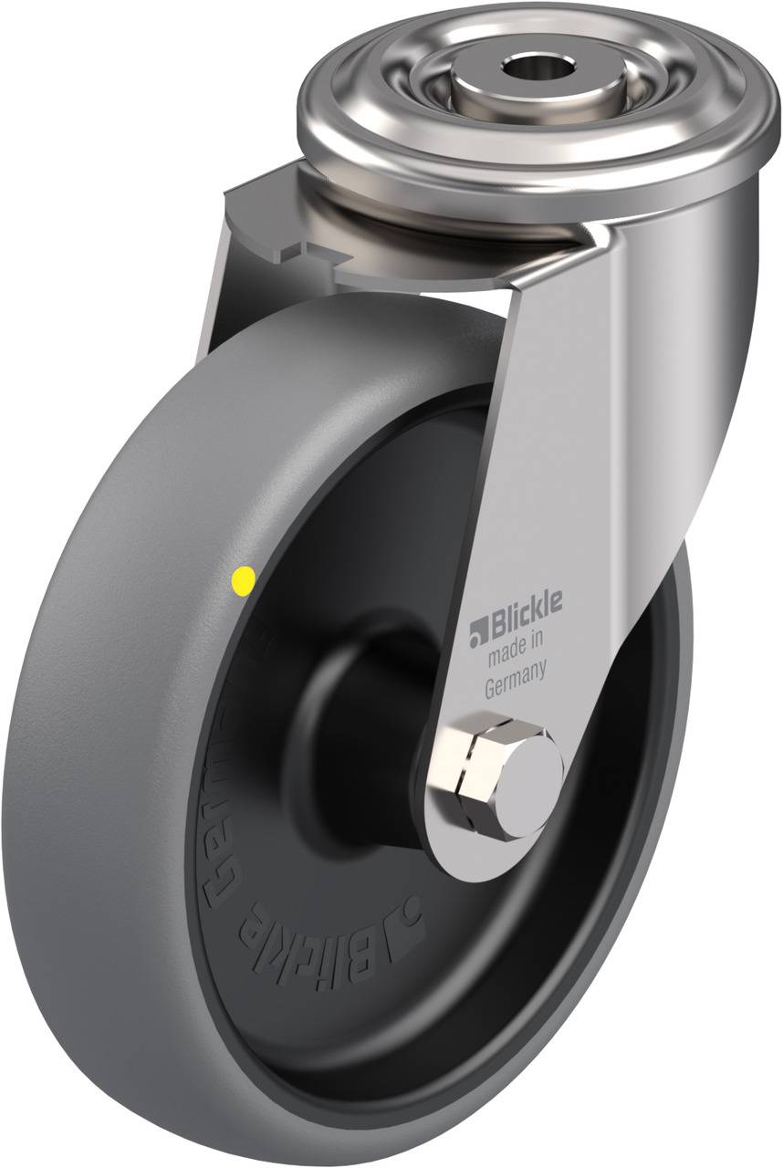 Graues Rad mit Metallhalterung, von Blickle, hergestellt in Deutschland. Das Rad ist robust und funktional, geeignet für Industrieanwendungen.