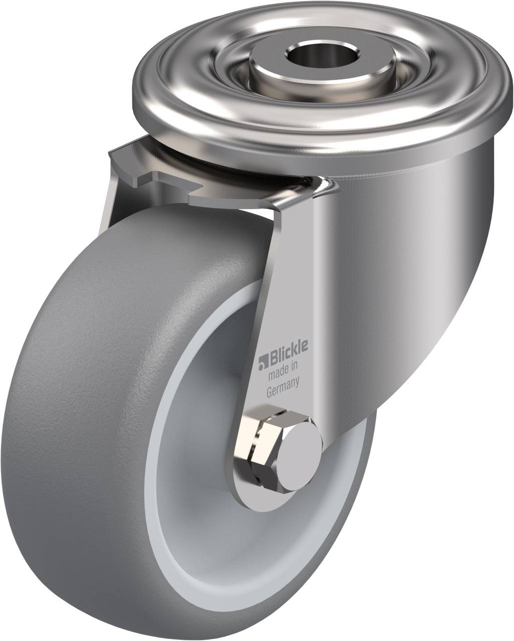 Graue Kunststoffrolle mit Metallhalterung, geeignet für Möbel oder leichte Geräte, glänzendes Oberflächenfinish.