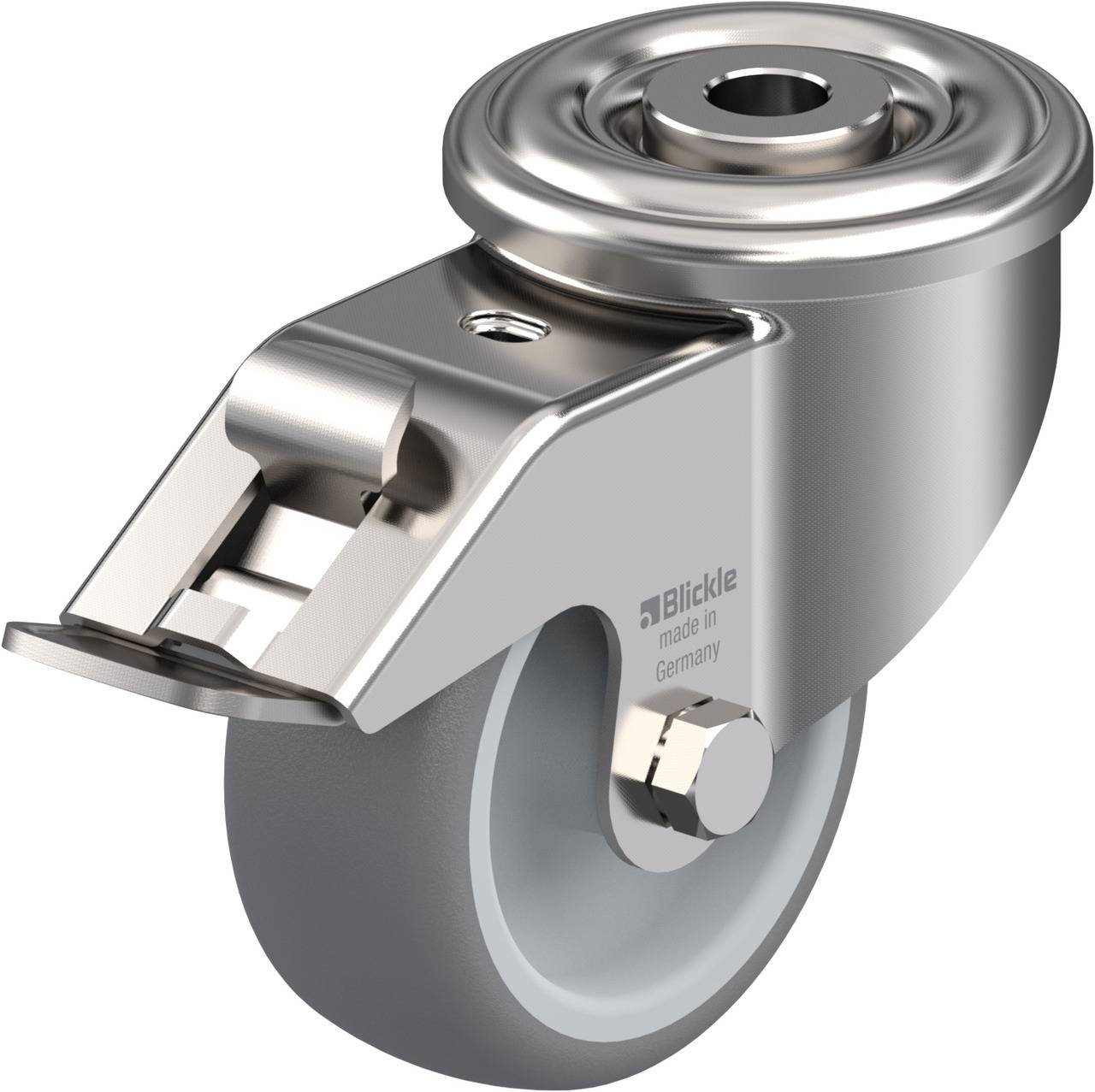 Metallrolle mit grauem Rad, montierbarem Gehäuse und Befestigungslöchern, geeignet für industrielle Anwendungen. Hersteller: Blickle.