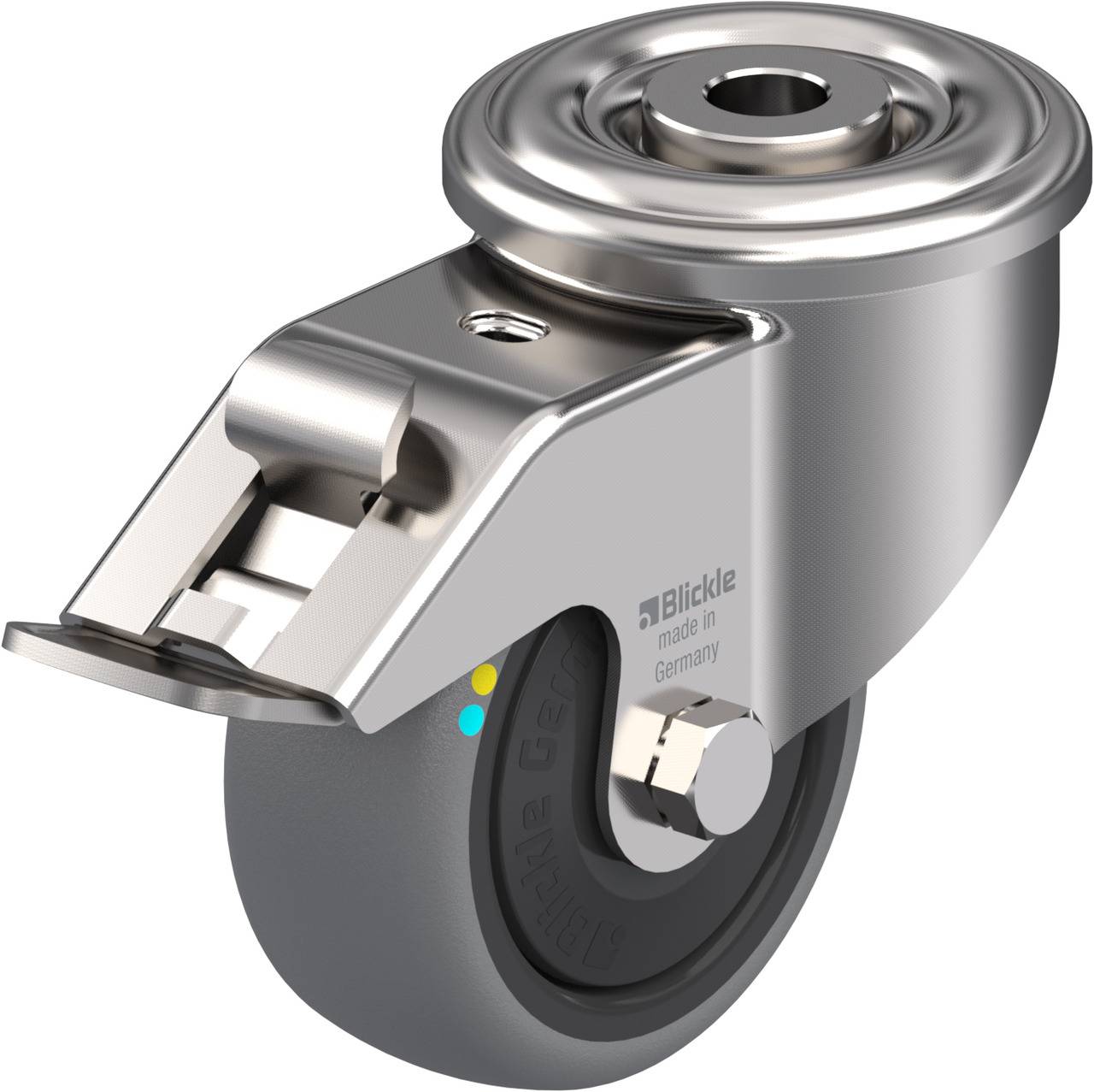 Metallisches Bockrolle mit grauem Rad, geeignet für industrielle Anwendungen. Markierung 'Blickle made in Germany' sichtbar.
