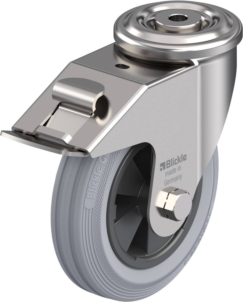 Industrie-Lenkrolle mit grauem Rad, Metallgehäuse und Montageplatte. Gezeigte Rolle ist von der Marke Blickle, hergestellt in Deutschland.