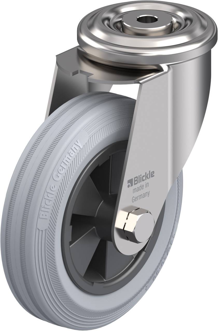 Metallisches Lenkrollenrad mit grauer Gummibereifung und Aufschrift 'Blickle made in Germany'.