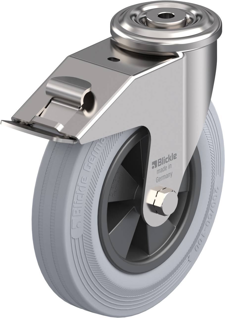 Ein drehbares Bockrad in silbernem Gehäuse mit grauem Reifen, geeignet für die Industrie. Aufdruck 'Blickle made in Germany'.