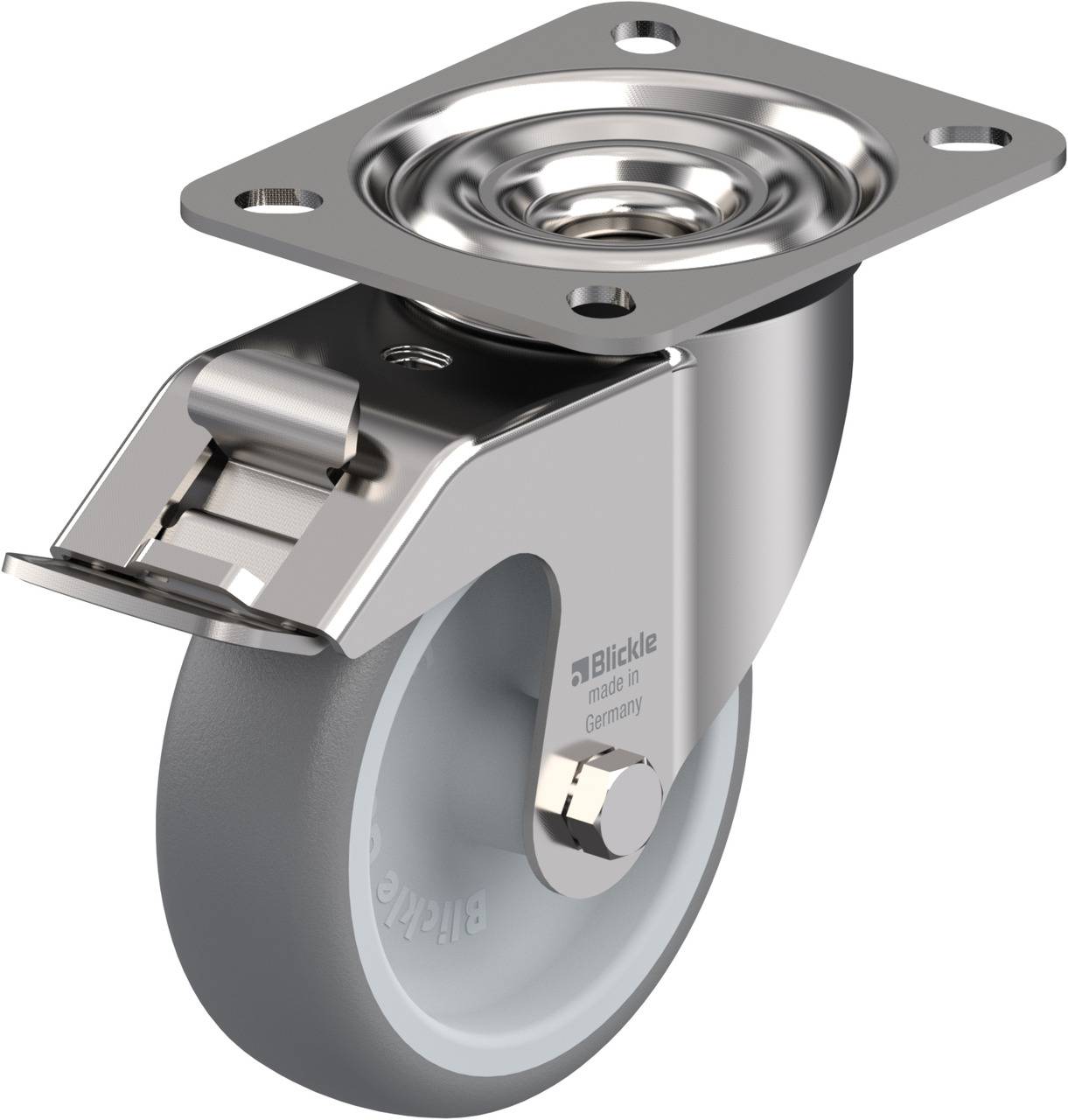 Metallrolle mit grauem Gummi und Befestigungsplatte, geeignet für Möbel oder Geräte. Hergestellt in Deutschland von Blickle.
