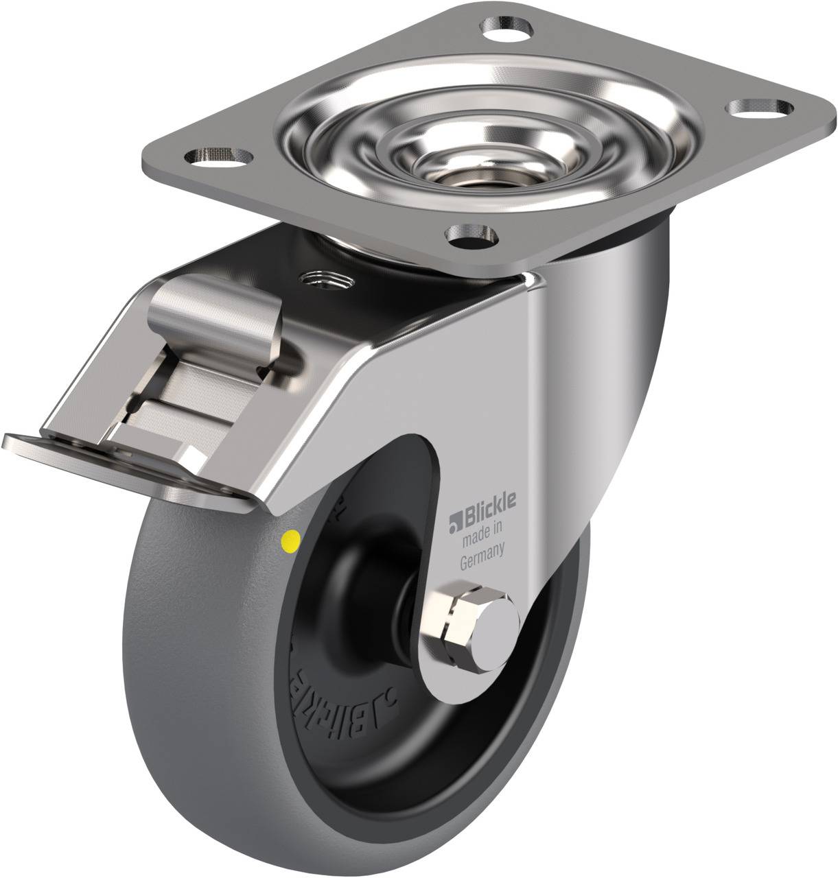 Schwenkrolle mit grauem Rad und Metallhalterung, inklusive Feststellbremse. Geeignet für Industrieanwendungen und Möbelsysteme.
