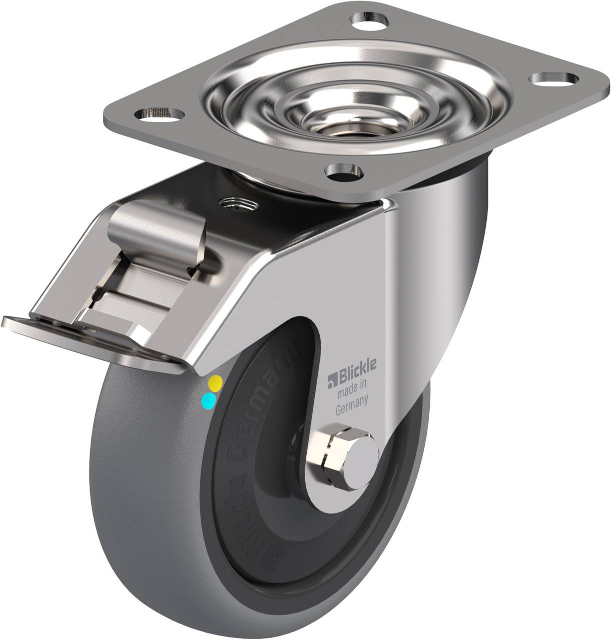 Metallisches Lenkrollenrad mit grauem Reifen, Befestigungsplattform und Feststeller, geeignet für Möbel oder industrielle Anwendungen.