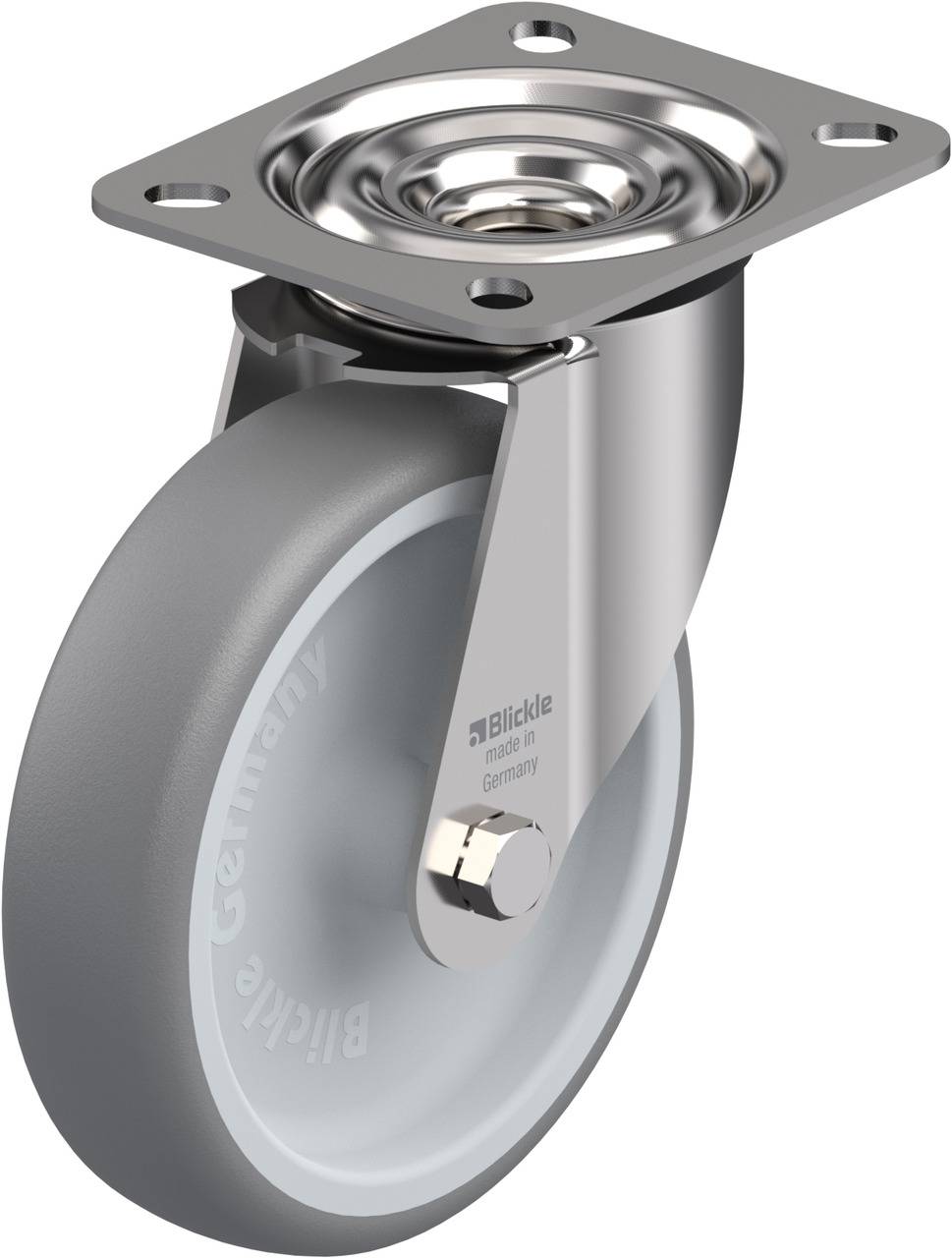 Graue Lenkrolle aus Metall und Kunststoff von Blickle, geeignet für Transporte.