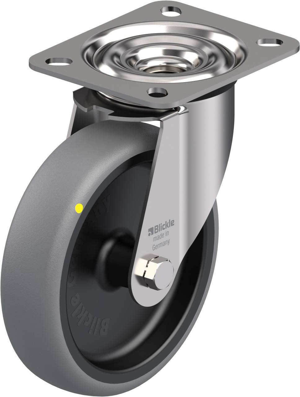 Drehbares Rad aus Metall und Gummi, montierbar mit einer quadratischen Platte. Geeignet für Möbel oder Gerätebewegung.