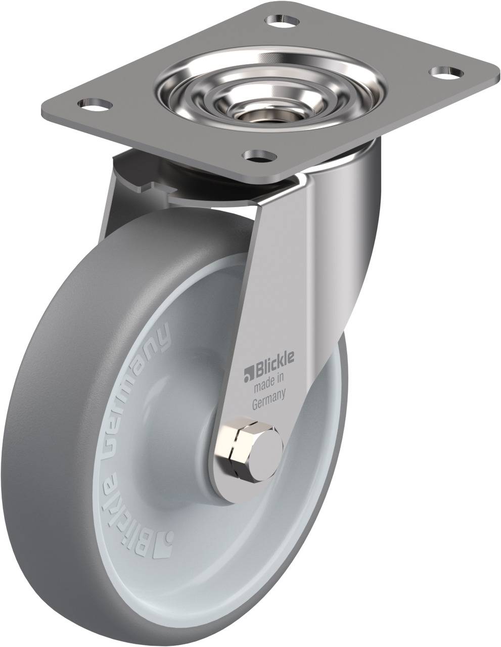 Graues Lenkrollenrad mit Befestigungsanker aus Metall. Aufschrift 'Blickle made in Germany' auf dem Rad sichtbar.