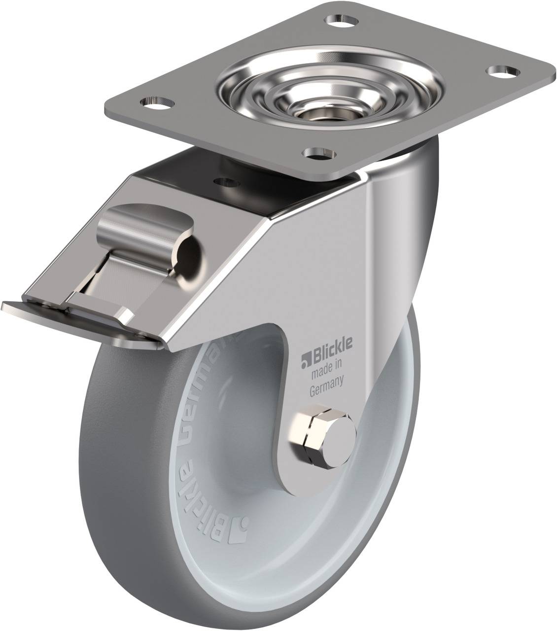 Metallisches Lenkrolle mit grauem Rad und Befestigungsplatte. Auf der Rolle steht 'Blickle made in Germany'.