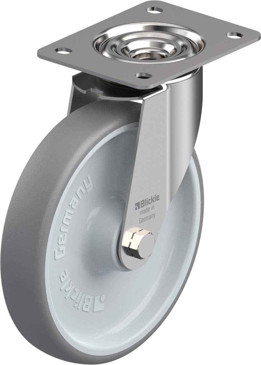 Schwenkrolle mit grauem Rad, Metallgehäuse und Befestigungsplatte. Aufschrift 'Blickle, Made in Germany'.用于运输 oder Möbel.