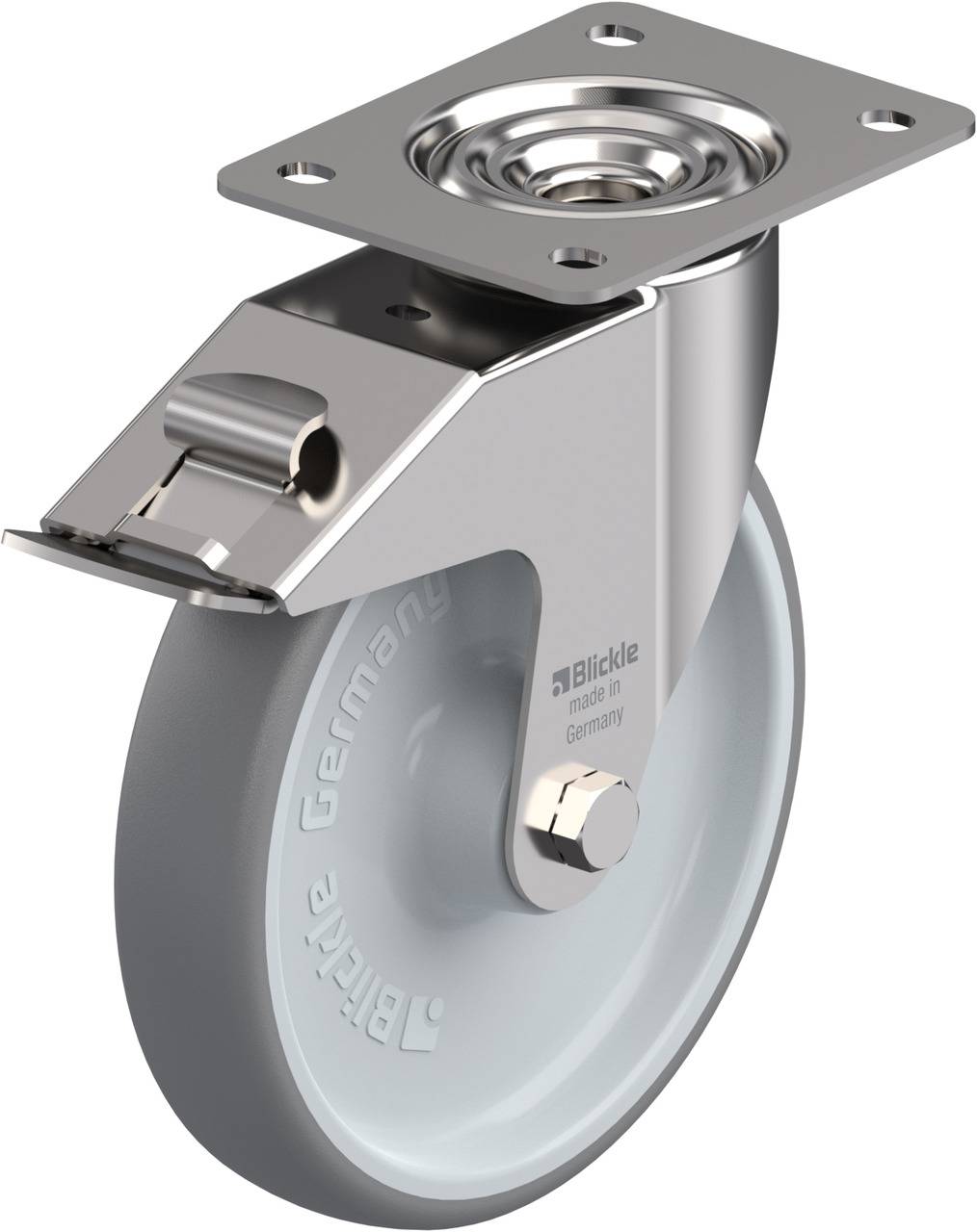 Hochbelastbares Schwenk-Lenkrolle mit grauem Rad und Metallgehäuse von Blickle, geeignet für industrielle Anwendungen.