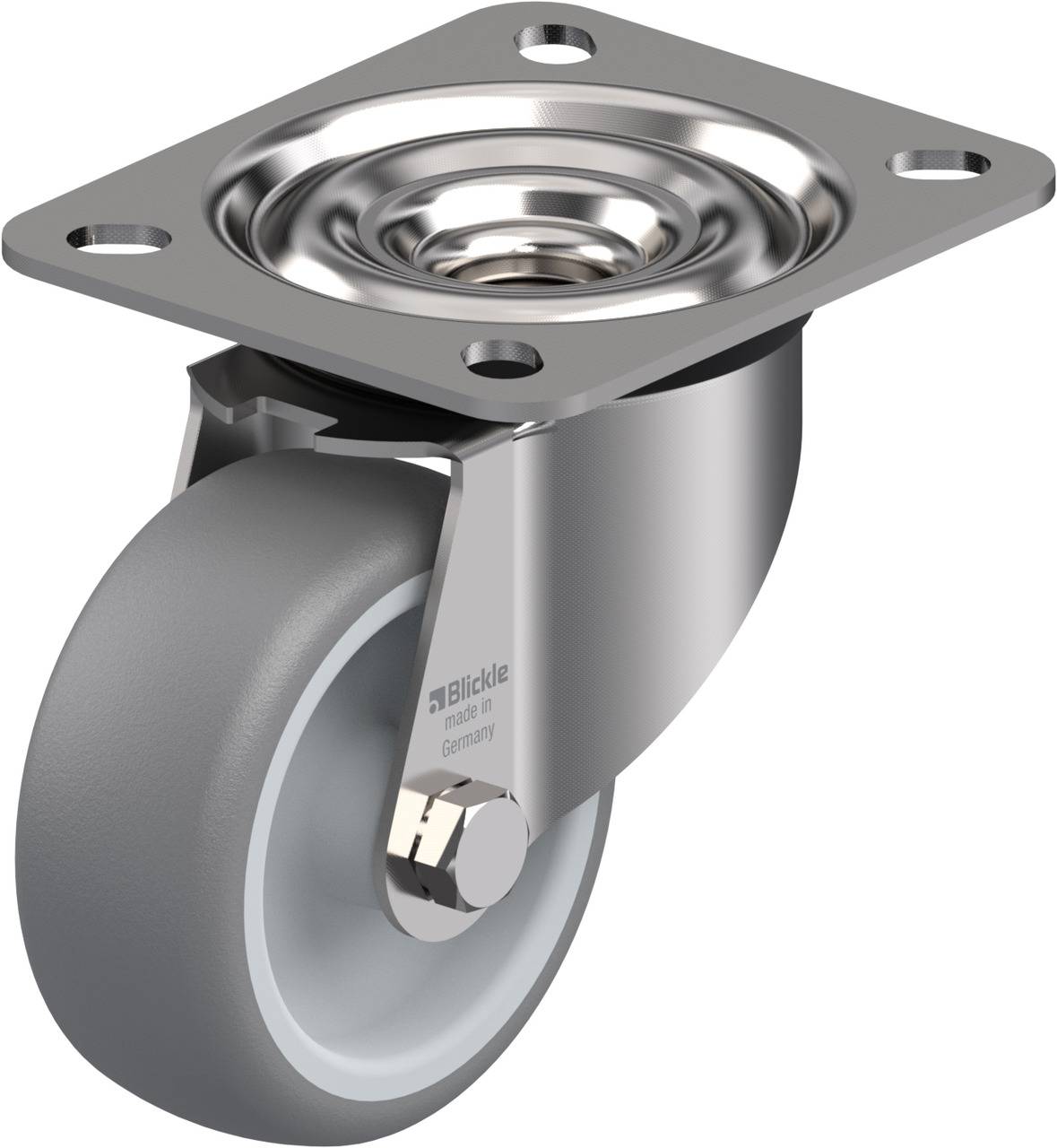 Lenkrolle aus Metall mit grauem Rad, geeignet für Möbel oder Geräte, bietet stabile Fortbewegung.