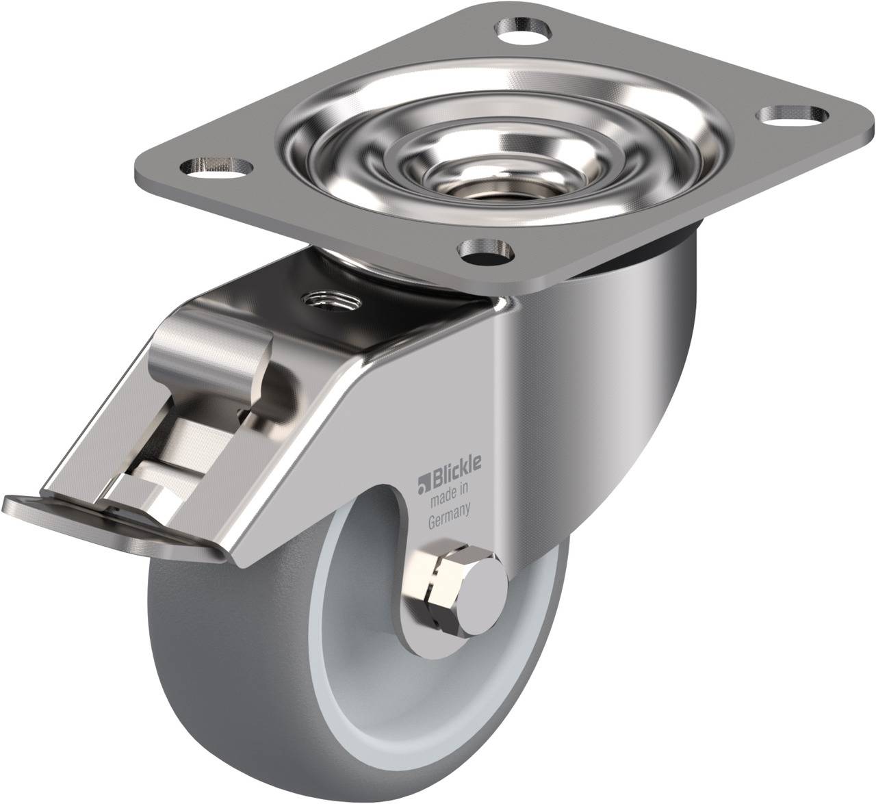 Schwenkrolle aus Metall mit grauem Rad und Befestigungsplatte, geeignet für Industriemöbel oder Transportwagen.