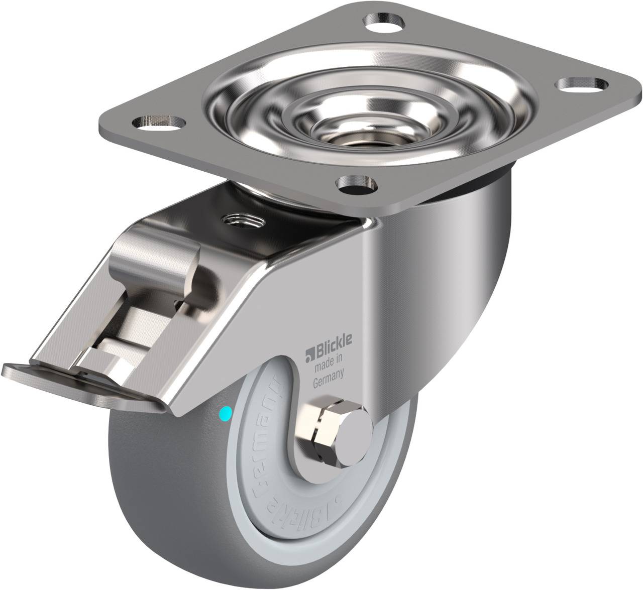 Industrie-Lenkrolle aus Metall und Gummi mit Befestigungsplatte.