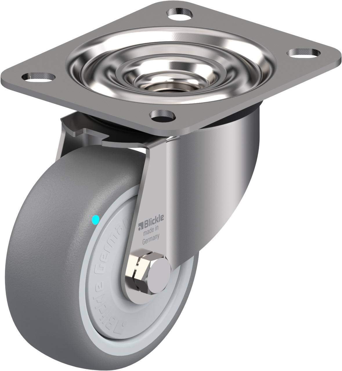 Rollenrad mit Metallhalterung, drehbar, zeigt Markenname und Herkunftsland. Ideal für Möbel oder Gerätebeweglichkeit.