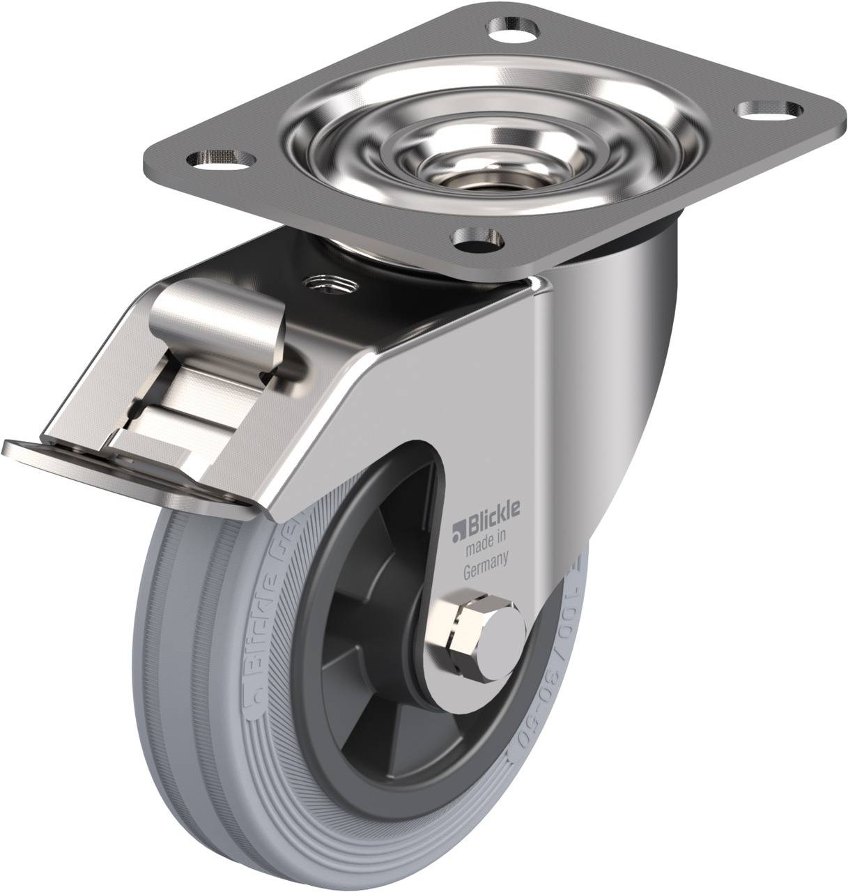 Ein silbernes Möbelrad mit grauem Kunststoffreifen und Metallaufnahme zeigt eine Bremse. Ideal zum Verstauen von Möbeln.