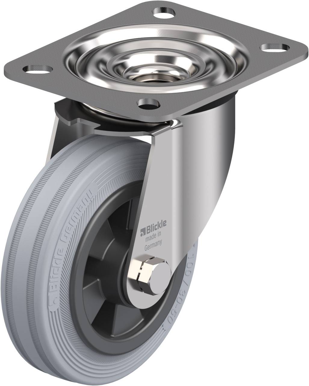 Rollen-Stahlgehäuse mit grauem Rad aus robustem Material, für schwere Lasten geeignet. Montierplatte oben, verstärkter Drehmechanismus.