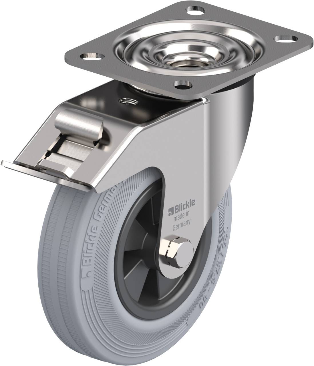 Lenkrolle aus Metall mit grauem Gummirad und Befestigungsplatte, geeignet für industrielle Anwendungen.