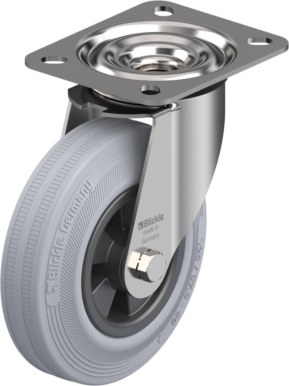 Drehbares graues Lenkrollenrad mit silberner Befestigungsplatte aus Metall, geeignet für industrielle Anwendungen.