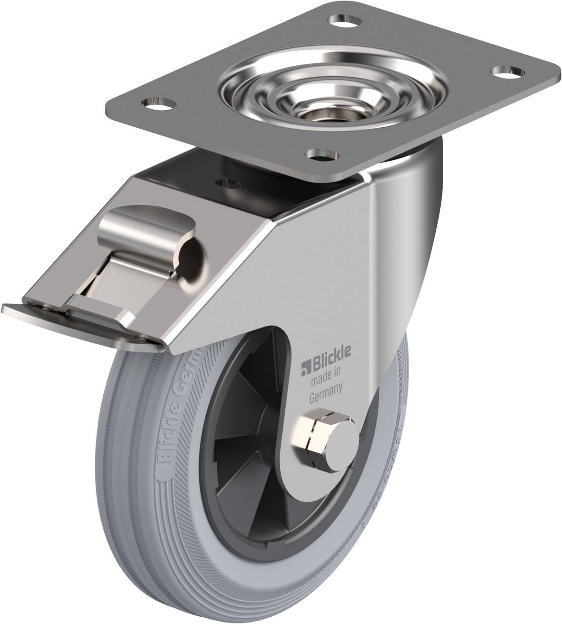 Schwenkrolle aus Metall mit grauem Rad und Befestigungsplatte. Auf der Rolle steht 'Blickle made in Germany'.