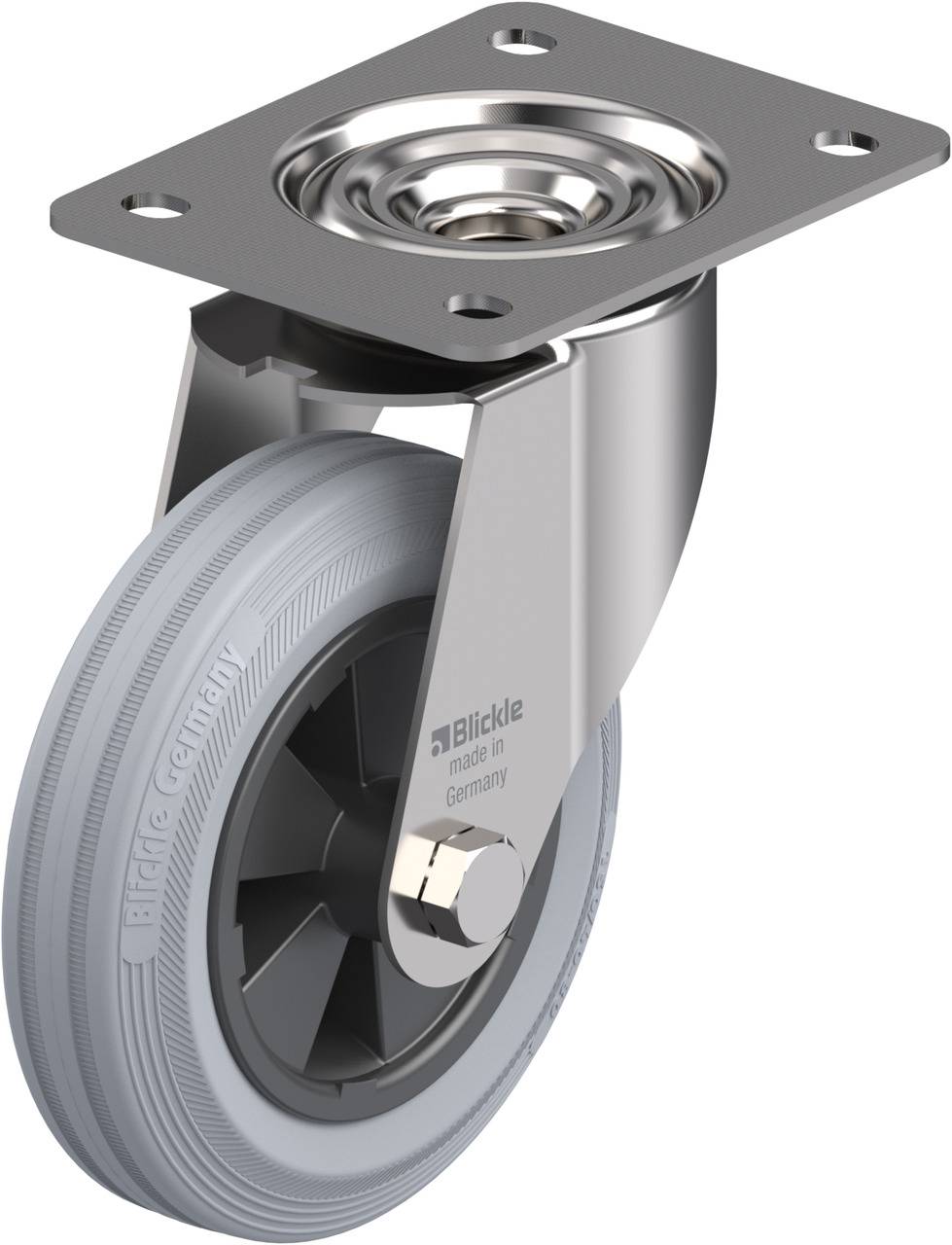 Graue Lenkrolle mit Metallhalterung und rechteckiger Montageplatte; Aufschrift auf der Rolle: 'Blickle Germany'.