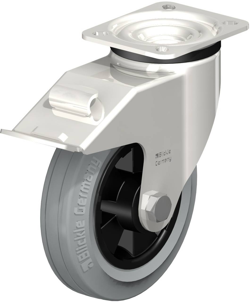 Graues Schwenkrolle mit Bremse, montiert an einer Metallplatte, geeignet für Möbel oder Transportwagen.