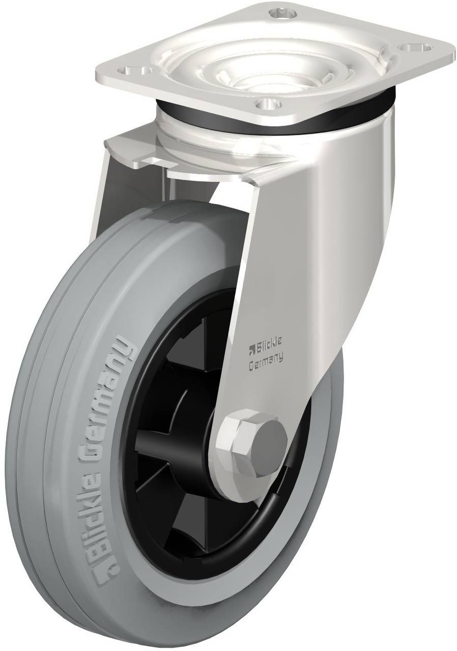 Metallenes Schwenkrollensystem mit grauem Gummirad, geeignet für industrielle Anwendungen. Oben eine rechteckige Montageplatte.