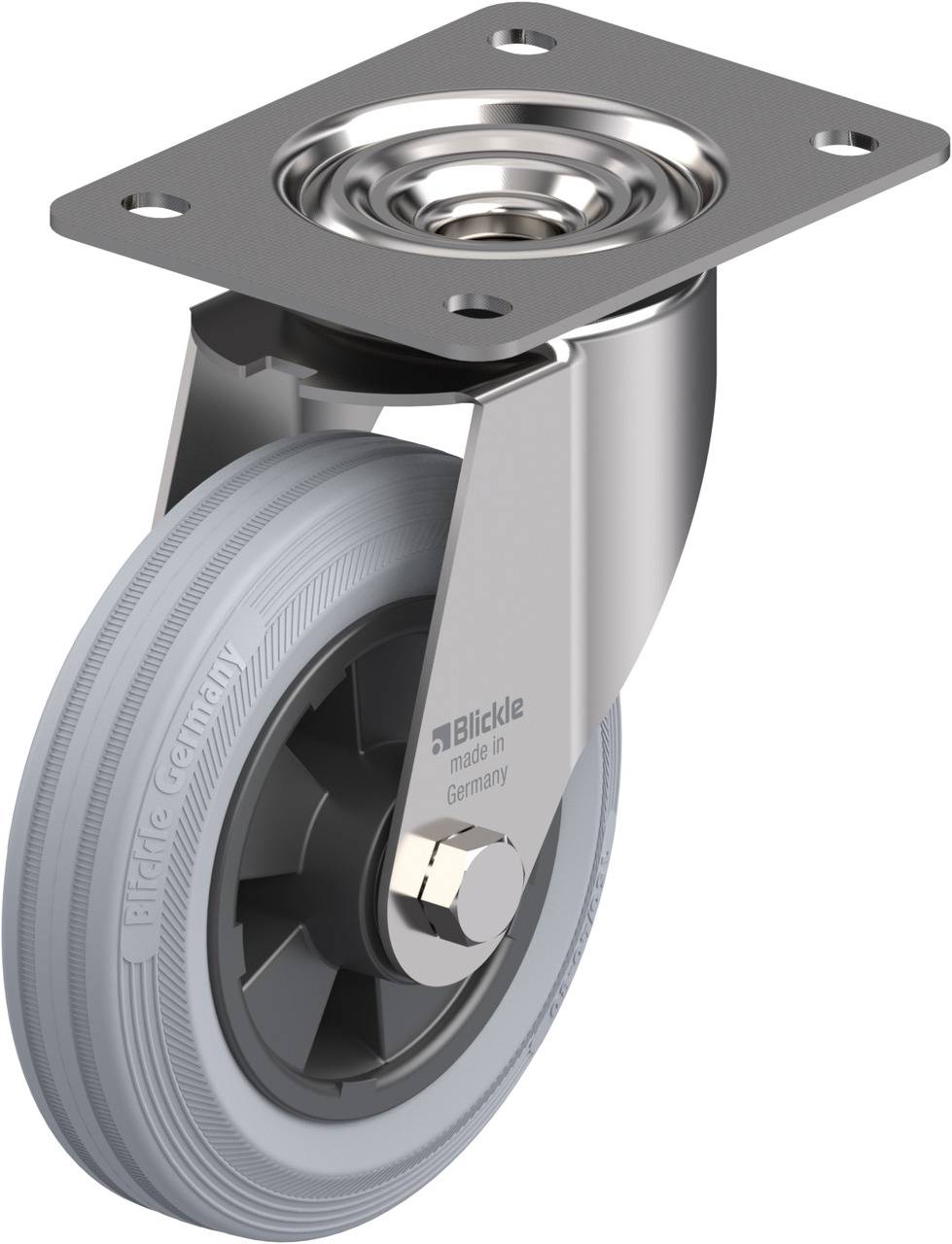 Graue Lenkrolle mit Metallhalterung und rechteckiger Montageplatte; geeignet für Transportgeräte. Beschriftung: 'Blickle Germany'.