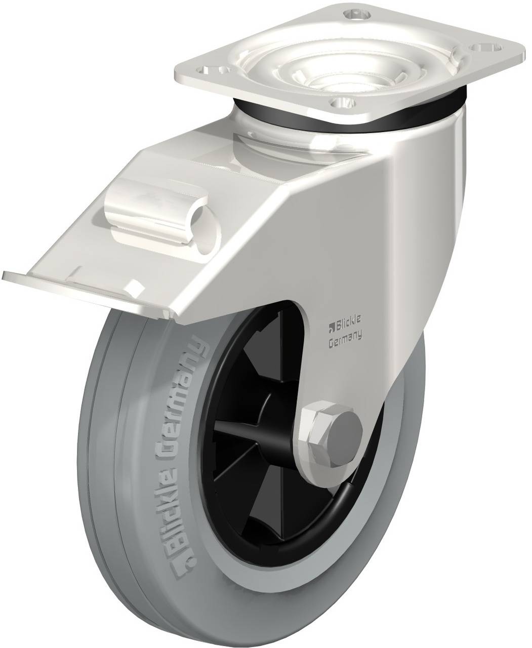 Schwenkrolle mit grauem Rad, schwarzer Nabe und silberner Halterung. Geeignet für Möbel oder Transportgeräte.