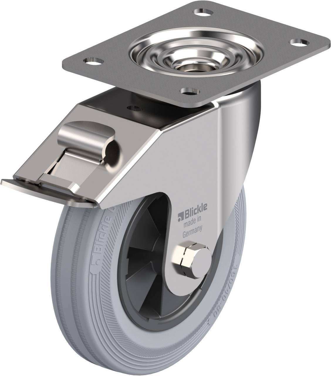 Rad mit Metallhalterung und grauem Reifen. Herstellerlogo 'Blickle'. Geeignet für Transportwagen oder Möbelrollen.