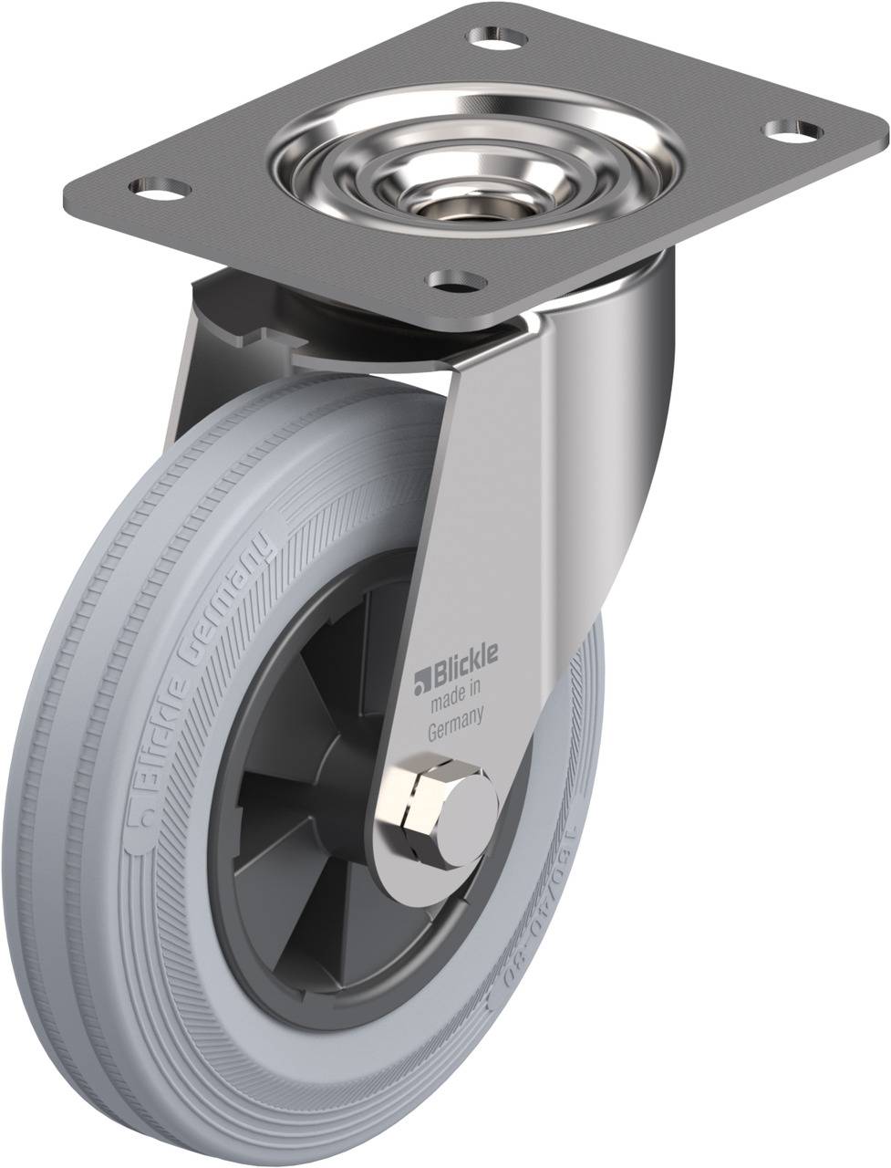 Ein graues Möbelrad mit drehbarer Halterung aus Metall. Ideal für die Montage unter Möbeln für einfaches Bewegen.