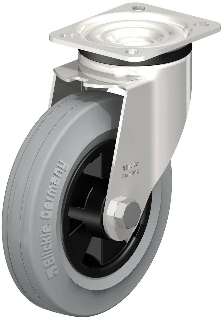 Industrie-Schwenkrolle aus Metall und Gummi mit Befestigungsplatte, geeignet für schwere Lasten in Anwendungen wie Transportwagen.