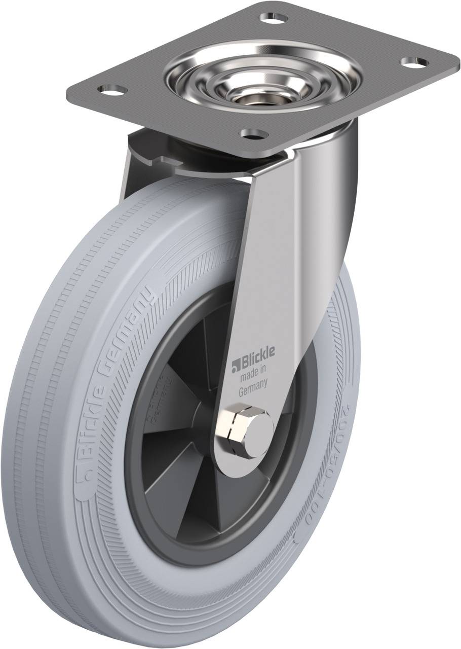 Graues Laufrollenrad mit Metallgehäuse und Montageplatte, textlich graviert mit 'Blickle' und 'Germany'.
