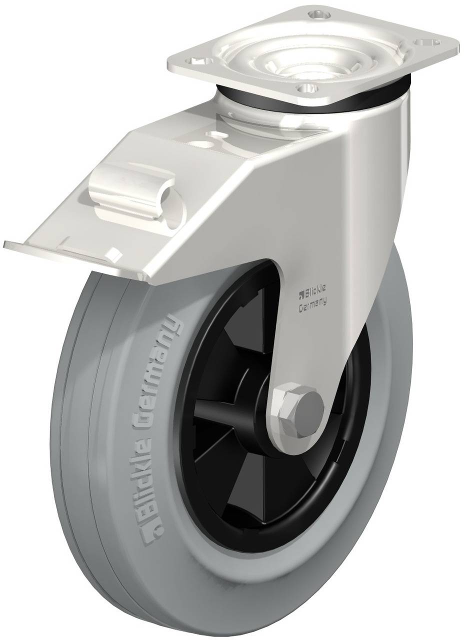 Metallrolle mit grauem Gummirad und schwarzem Kunststoffkern, sichtbar sind Befestigungsplatte und Achse; geeignet für Möbel oder Industrieanwendungen.