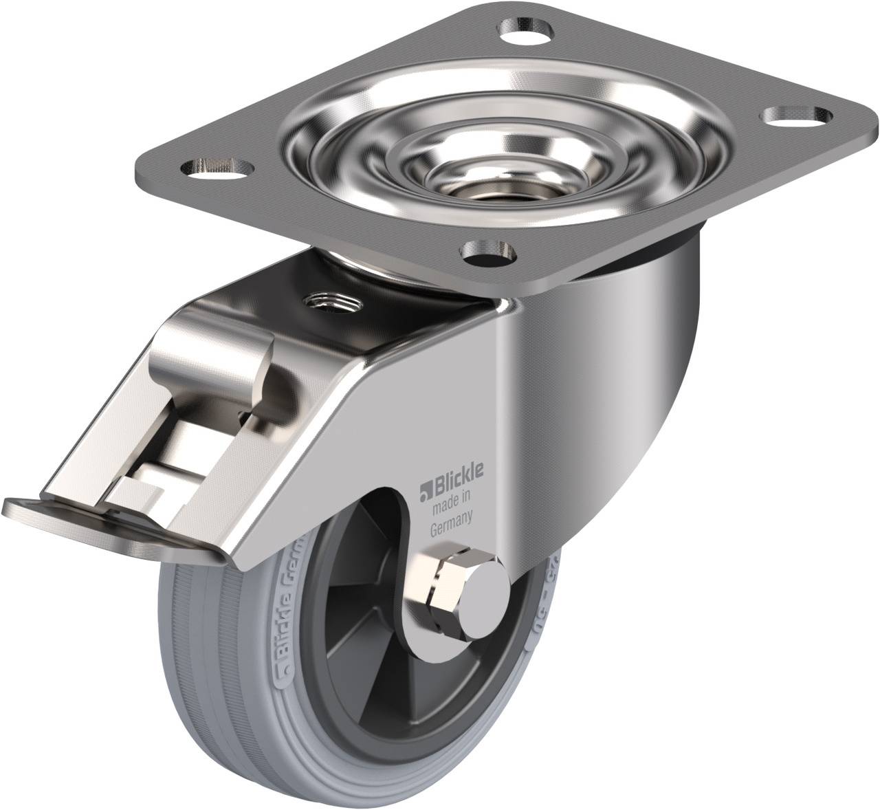 Schwenkrolle mit Metallgehäuse und Gummirad, geeignet für Möbel.